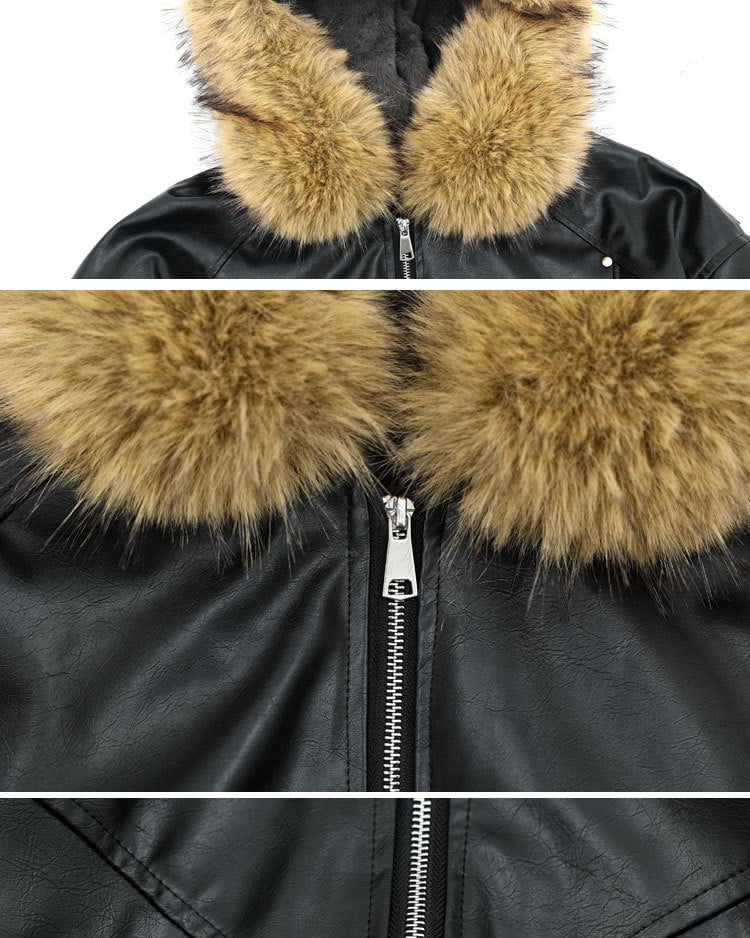 Faux Fur Hooded PU Leather Bomber Jacket