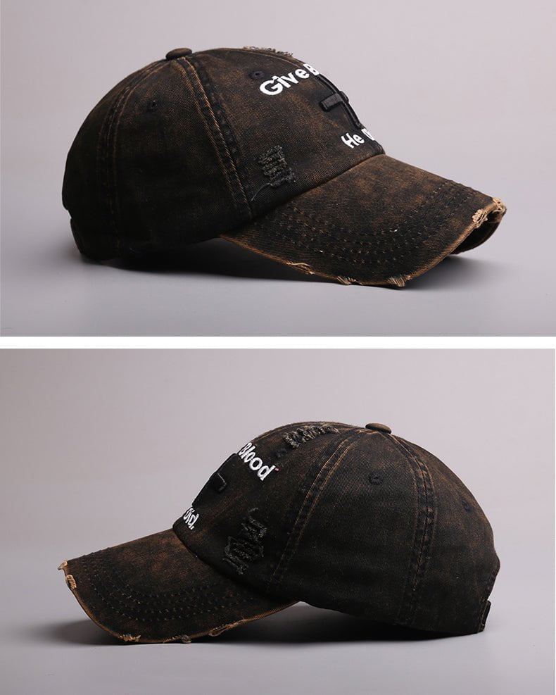 Distressed 'Give Blood He Did' Baseball Cap with Cross Design – Streetwear Style