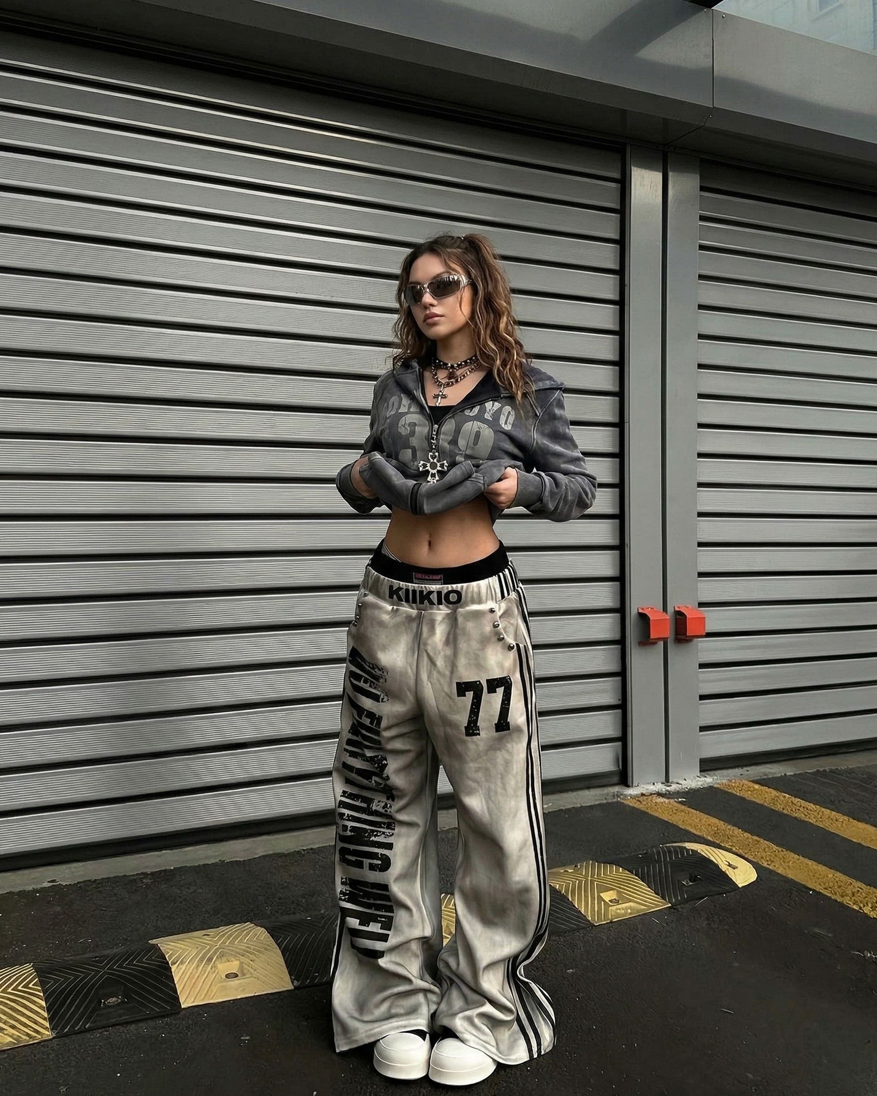 New Double Waist Letter Print Wide-Leg Pants