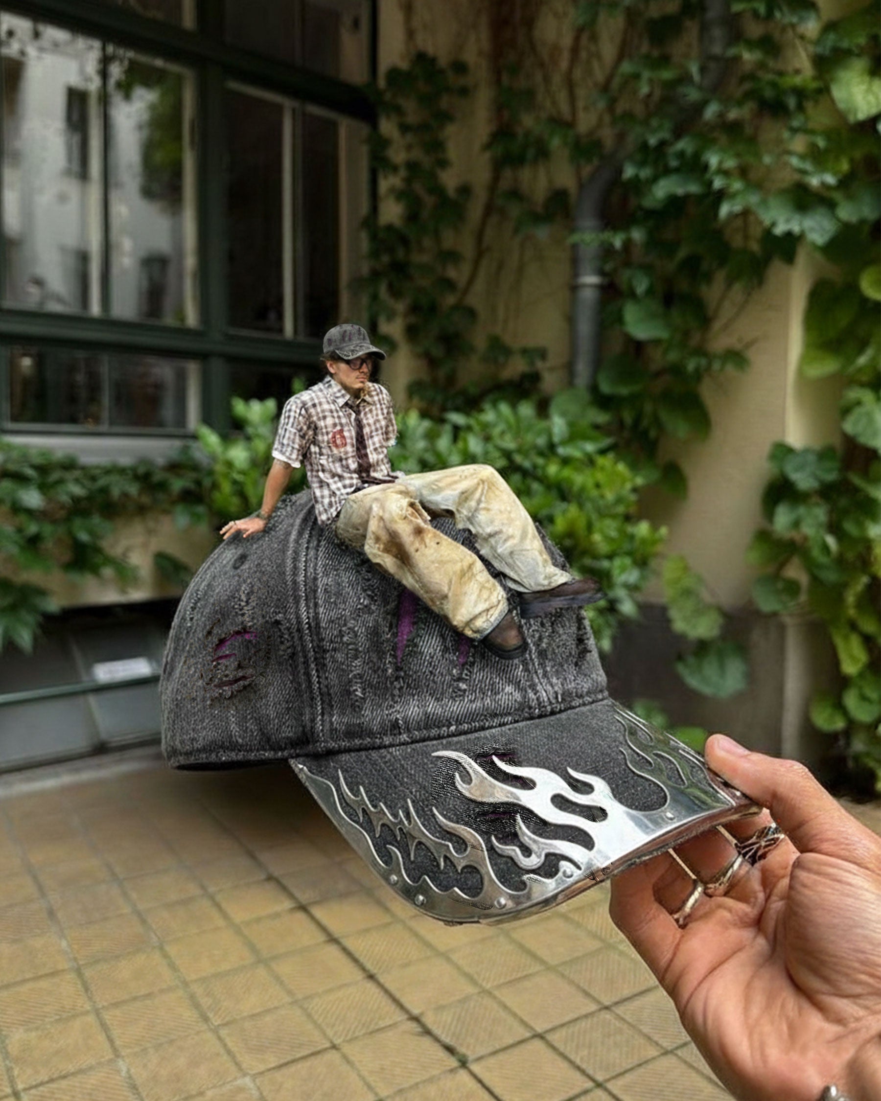 KIIKIO-Wasteland Flame-Metal Distressed Denim Cap