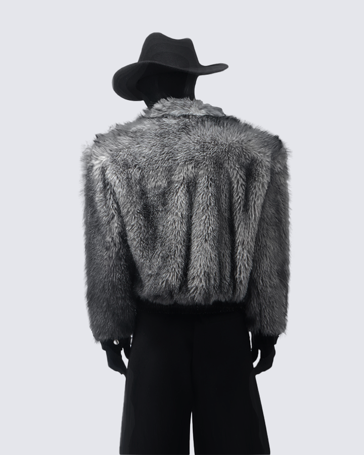 Faux Fur Bomber Jacket with Leather Details