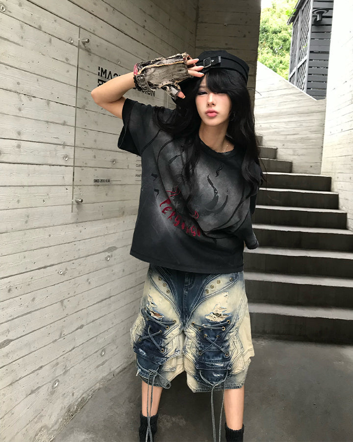Dark Washed Distressed Graphic Short Sleeve T-Shirt