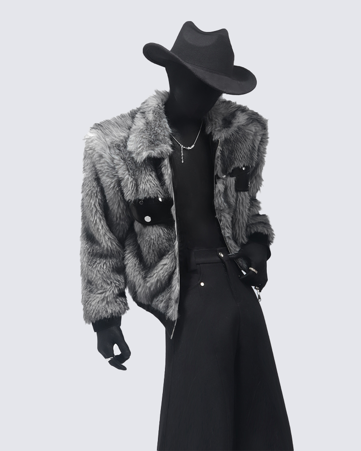 Faux Fur Bomber Jacket with Leather Details