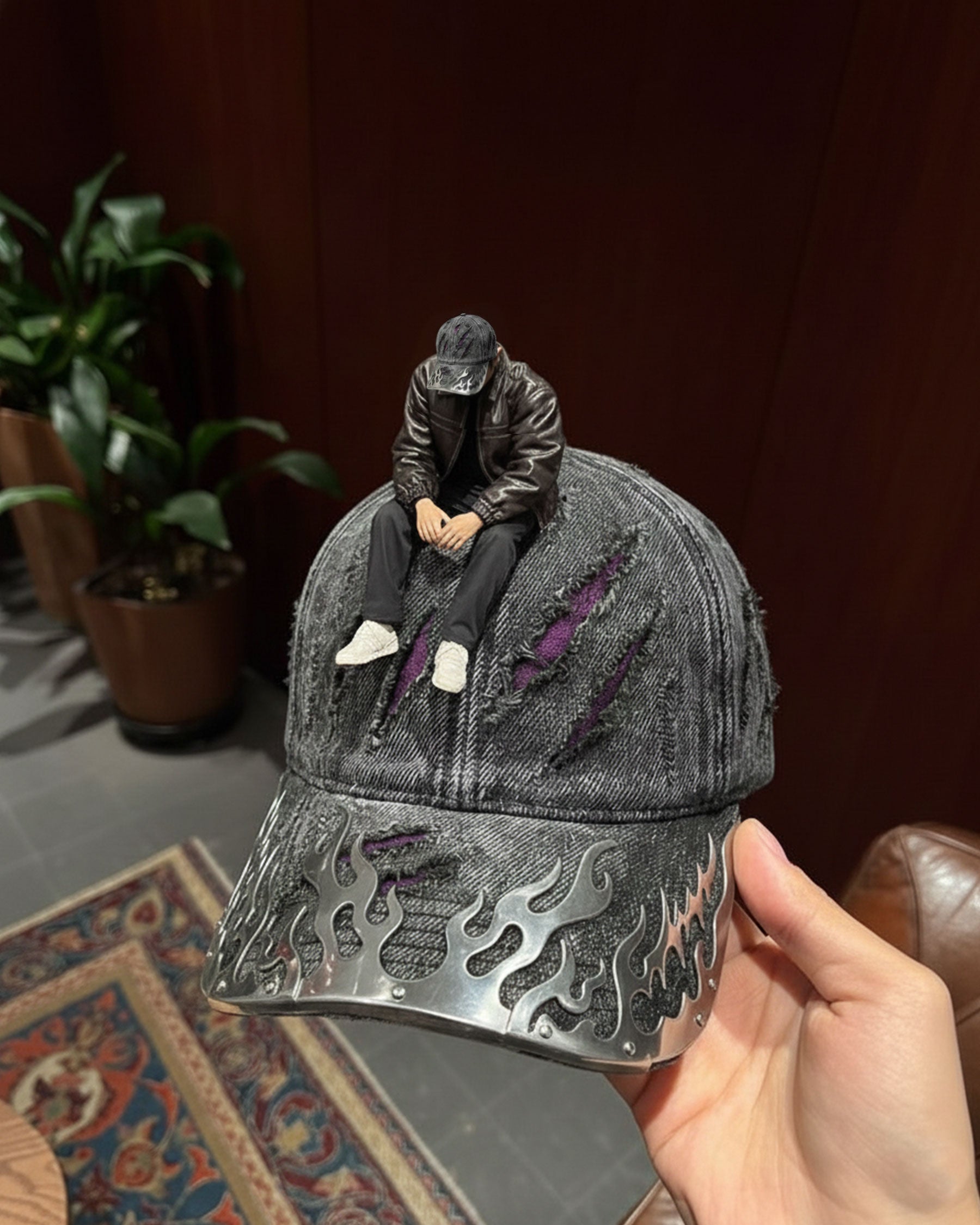 KIIKIO-Wasteland Flame-Metal Distressed Denim Cap
