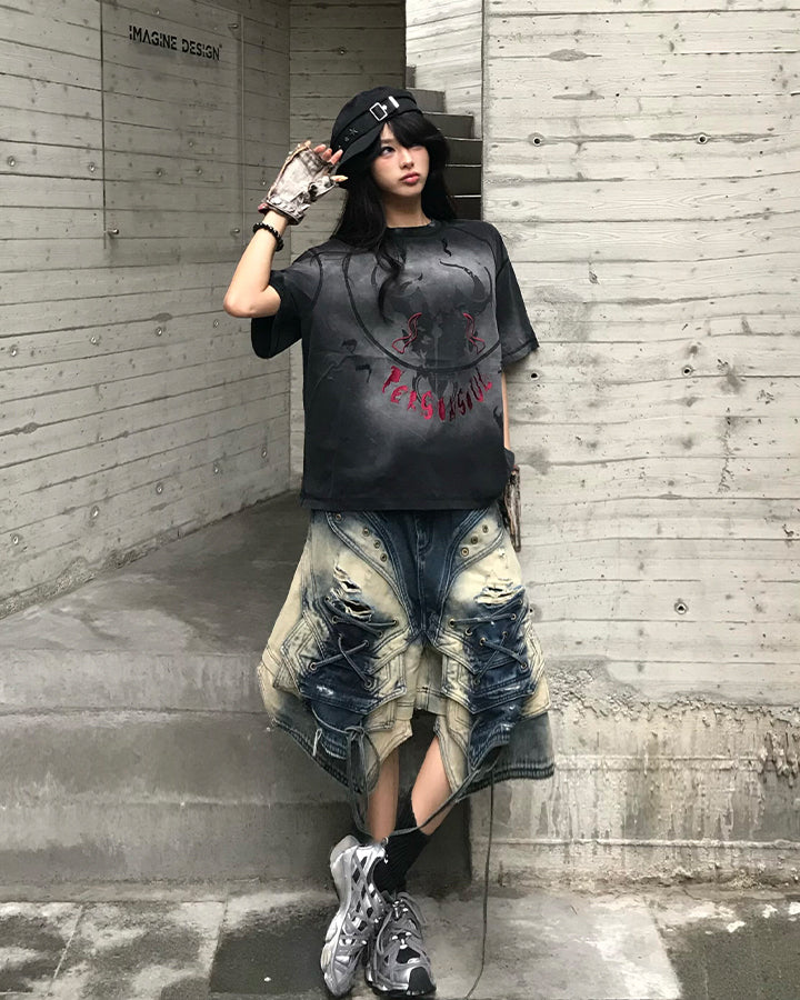 Dark Washed Deconstructed Lace-Up Denim Shorts