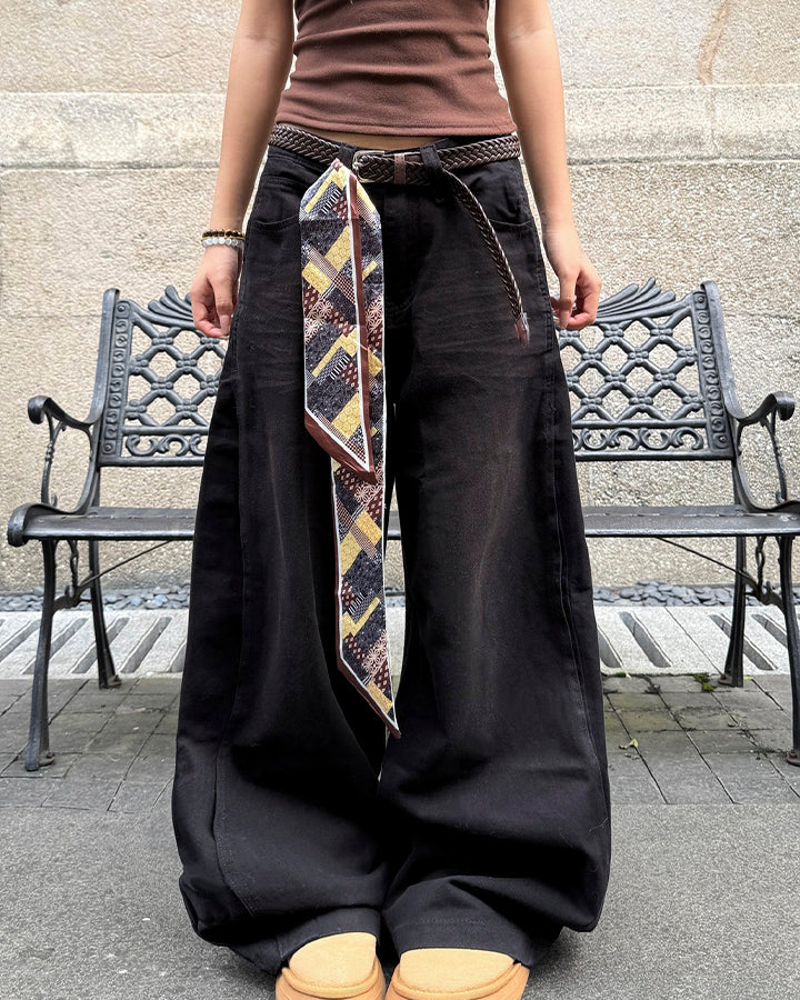 Scarf Belt Wide Leg Denim Pants