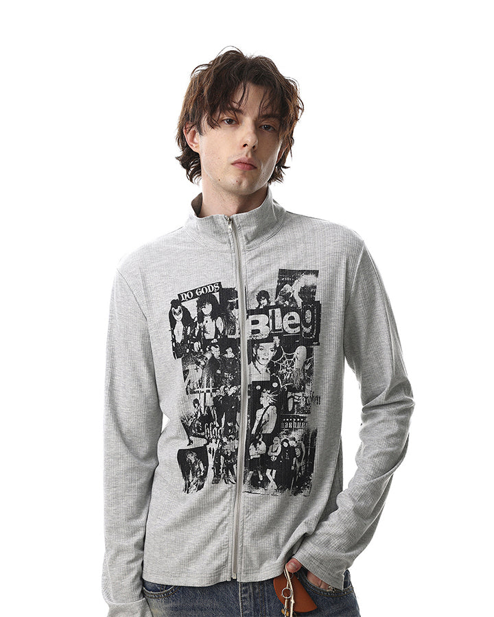 Ribbed Graphic Zip-Up Long Sleeve