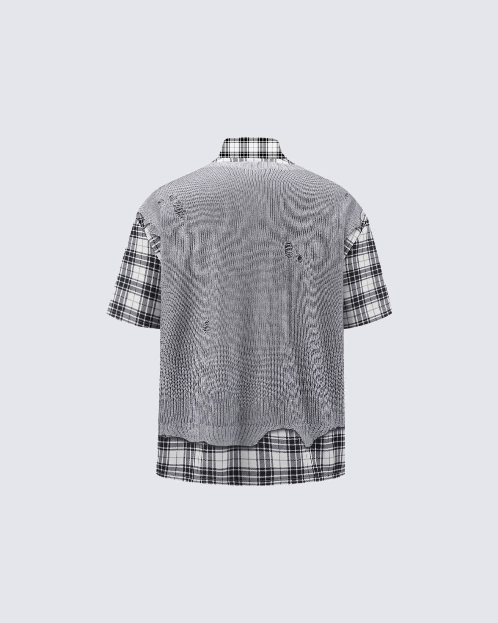 Patchwork Distressed Plaid Layered Knit T-Shirt