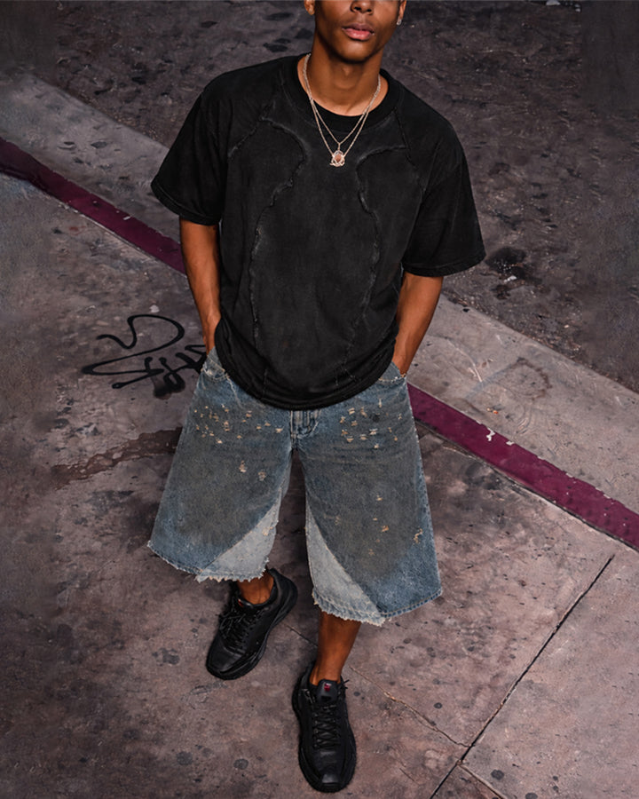 Dark Washed Deconstructed Seam Short Sleeve T-Shirt