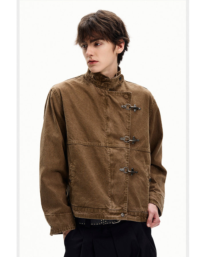 Buckled Stand-Collar Aircraft Buckle Utility Jacket