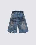 Distressed Crinkled Irregular Knee-Length Denim Shorts