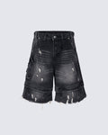Vintage Washed Cargo Five-Length Denim Shorts