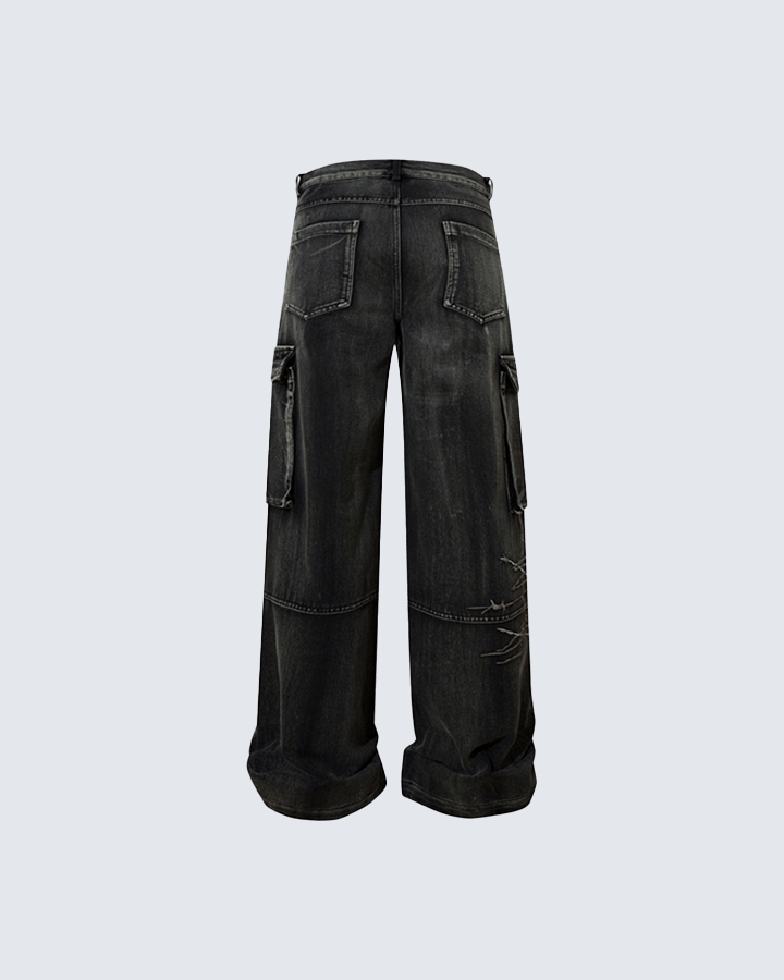 Distressed Black Cargo Pants with Multiple Pockets