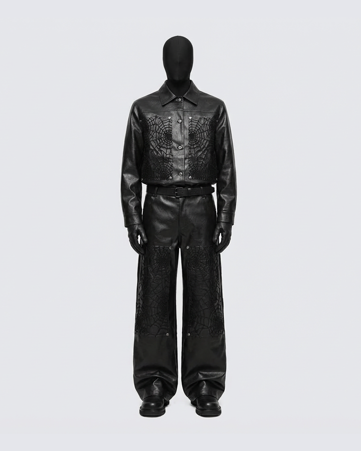 Faux Leather Jacket with Spiderweb Panels