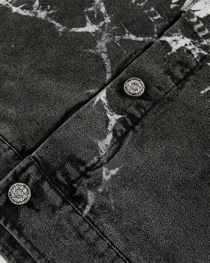 Washed Denim Graffiti Jacket with Contrast Collar