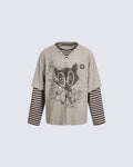 Layered Graphic Ribbed Long Sleeve T-Shirt