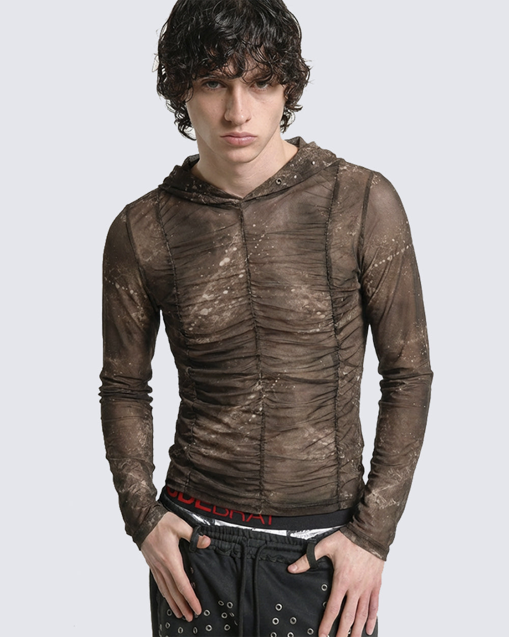 New Ruched Sheer Hooded Mesh Top