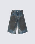 Vintage Washed Patchwork Distressed Dirty Denim Shorts