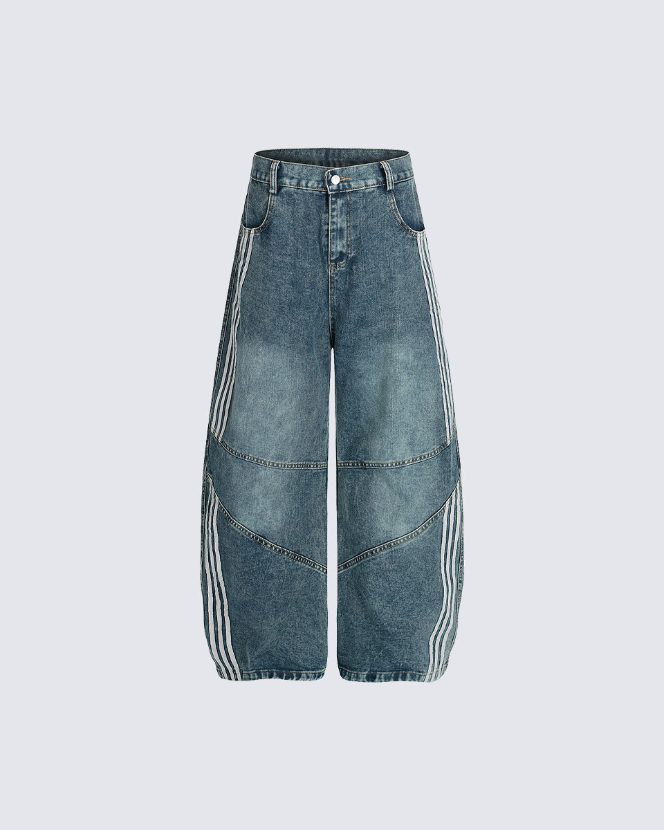 Striped Panel Wide-Leg Denim Pants
