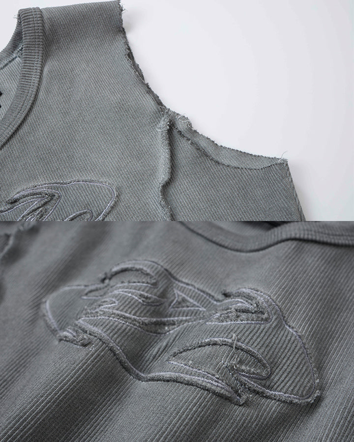 Dark Washed Distressed Sleeveless Ribbed Tank Top