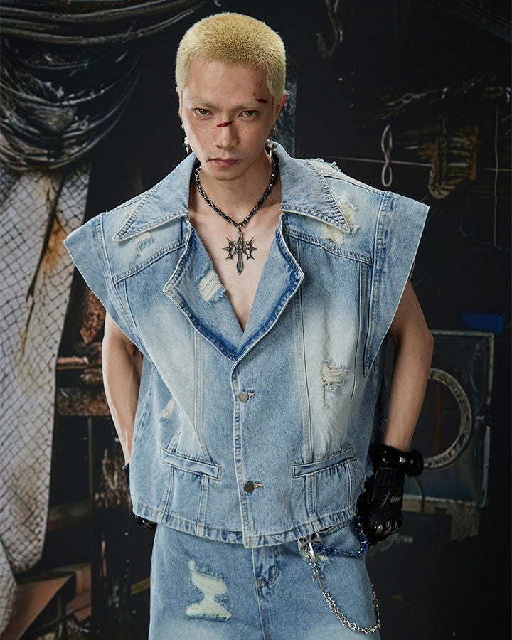 Distressed Washed Denim Vest Jacket