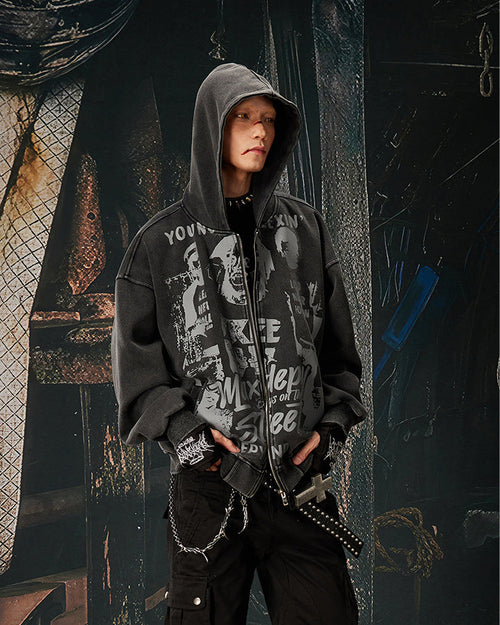 American Street Portrait Graffiti Zip-Up Hoodie