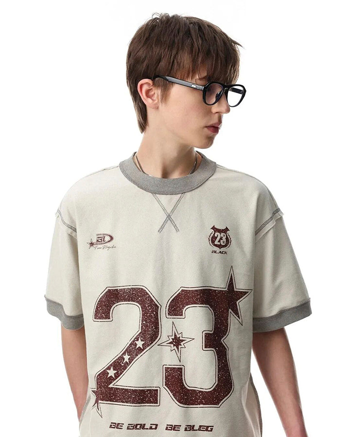 Vintage Number Print Contrast Trim T Shirt