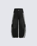 Striped Panel Wide-Leg Denim Pants
