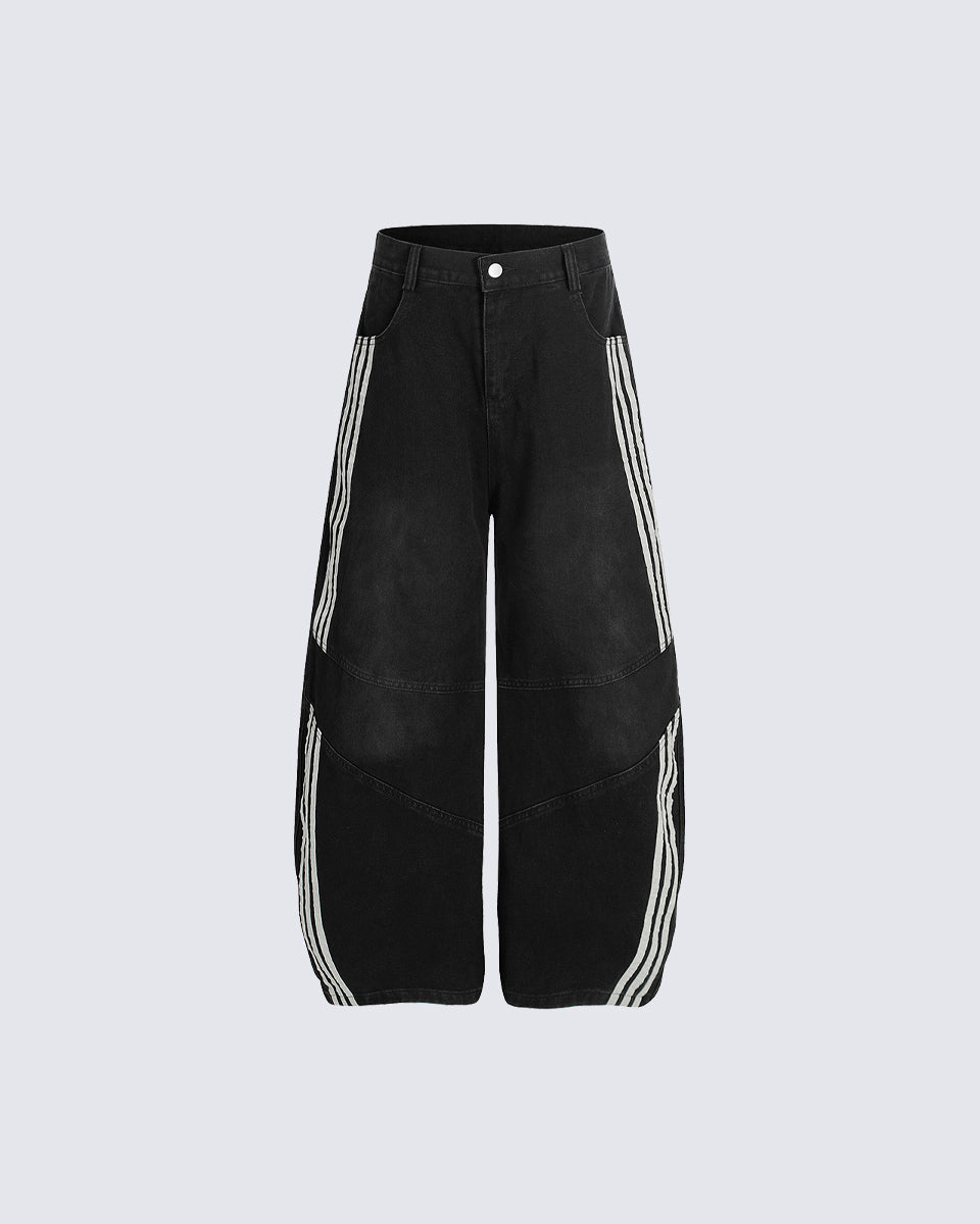 Striped Panel Wide-Leg Denim Pants