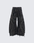 KIIKIO Distressed Black Denim Wide-Leg Pants with Frayed Details