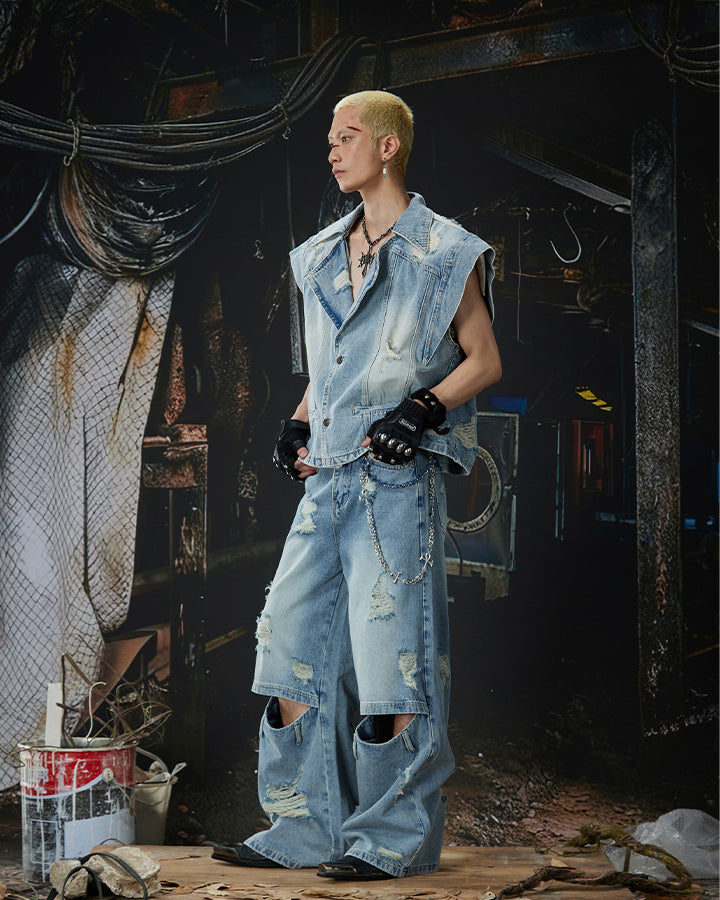 Distressed Washed Denim Vest Jacket