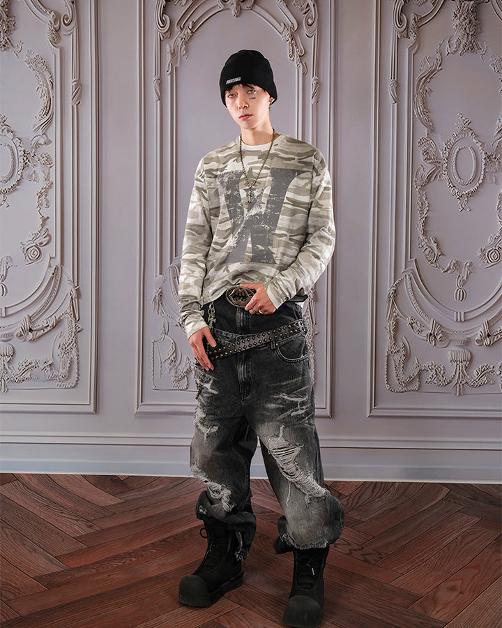 Vintage Distressed Camo Print Long Sleeve T-shirt