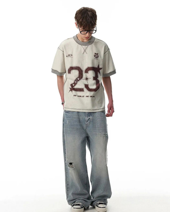 Vintage Number Print Contrast Trim T Shirt