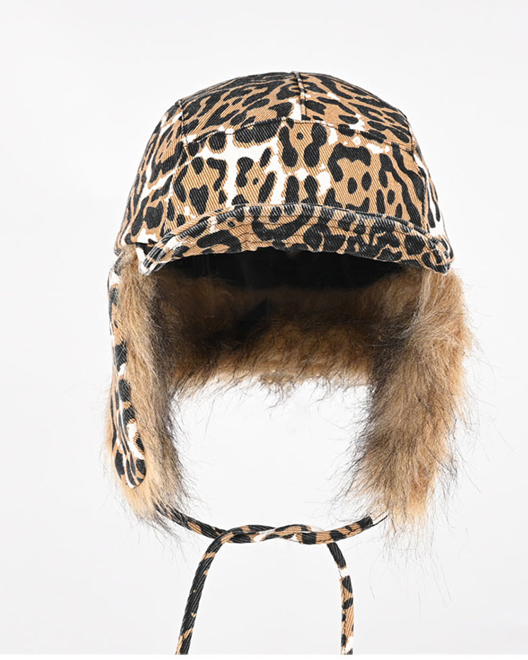 American Leopard Print Plush Trapper Cap
