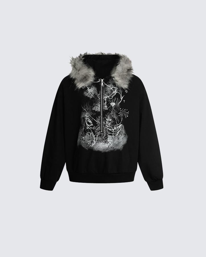 Lightweight Fuzzy Printed Half-Zip Cropped Hoodie