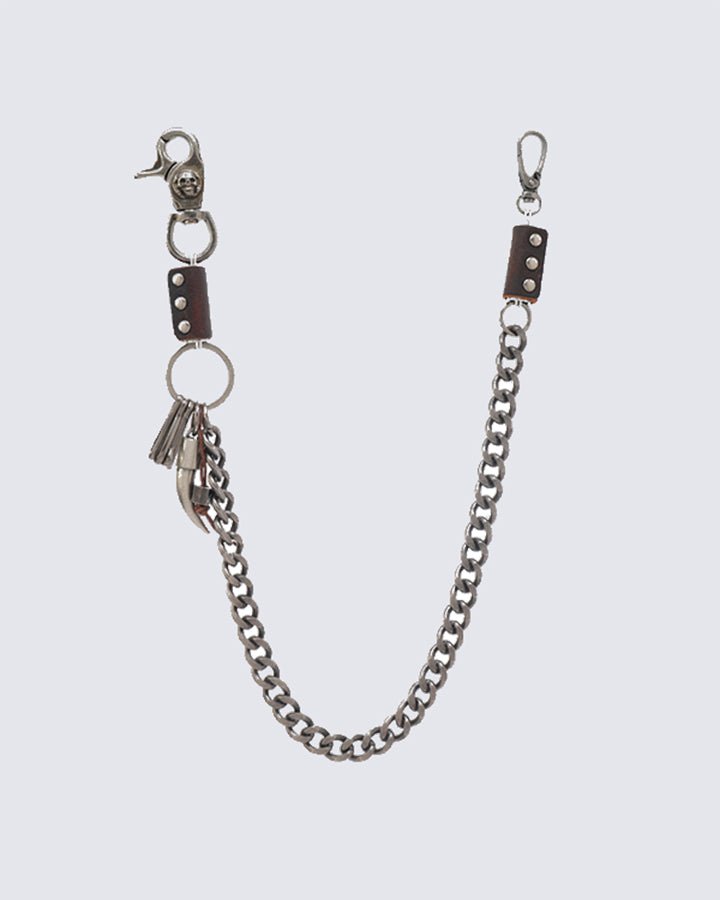 Leather Accent Chain Pant Chain with Key Rings - Silver Tone