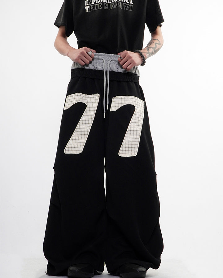 Double Waistband Number Patch Wide Leg Sweatpants