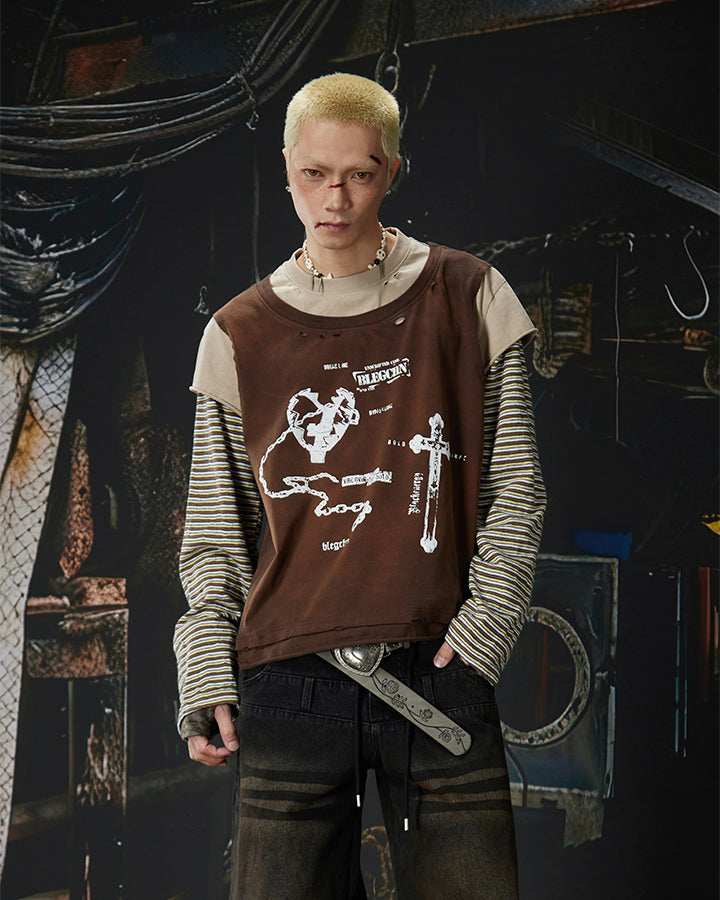 Striped Long Sleeve Fake Two-Piece T-Shirt