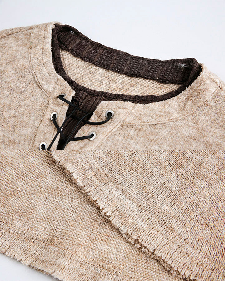 Lace-Up Neck Layered Knit T-Shirt