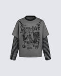 Gray-Black Distressed Graffiti Layered Sweatshirts