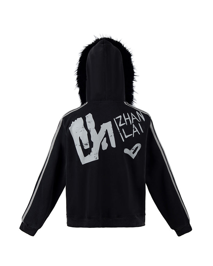Gradient Faux Fur Hood Zip Hoodie