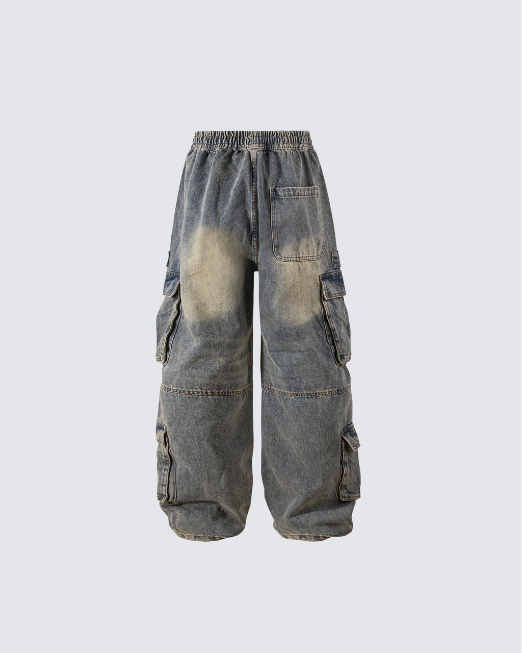 Washed Denim Multi-Pocket Cargo Pants