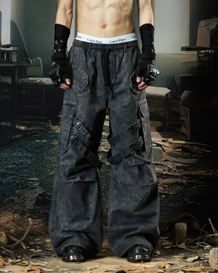 Washed Pleated Utility Cargo Pants