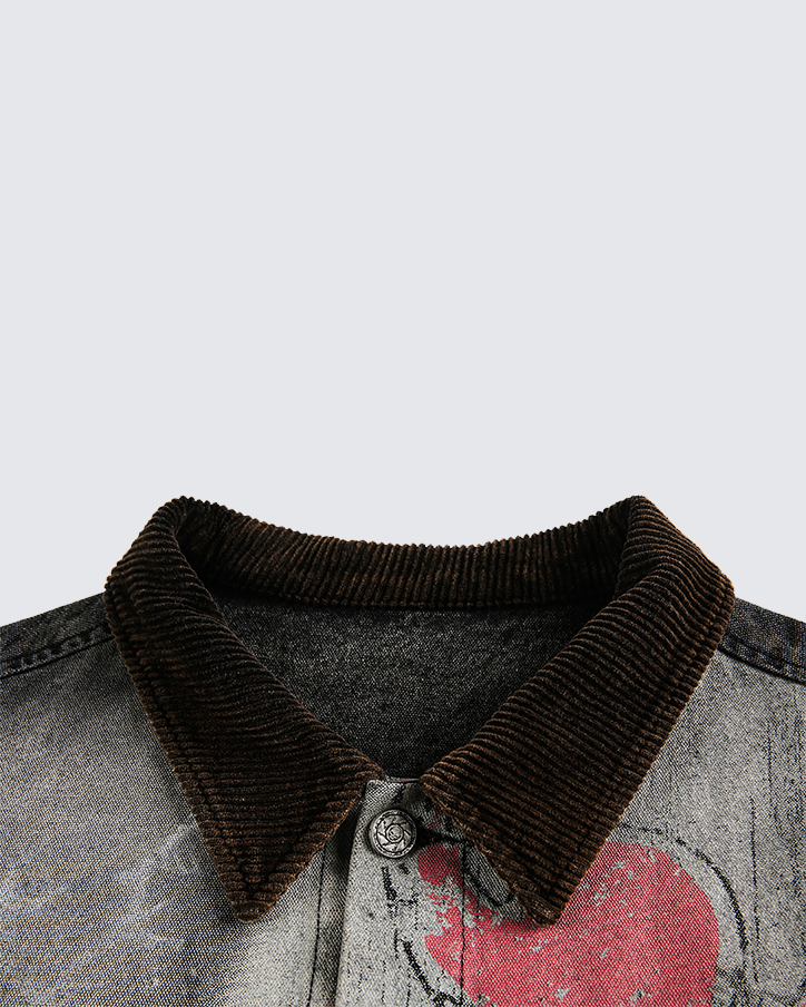 Washed Denim Graffiti Jacket with Contrast Collar