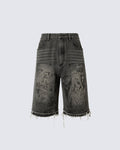 Vintage Graphic Washed Five-Length Denim Shorts
