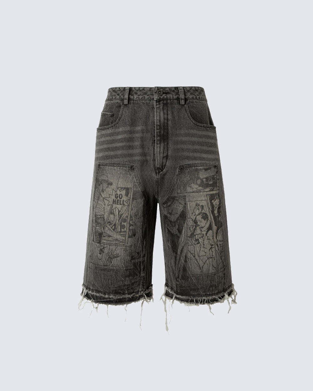 Vintage Graphic Washed Five-Length Denim Shorts