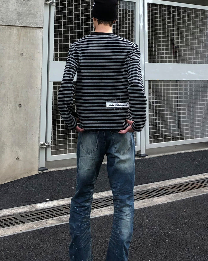 Subculture Cross Embroidered Striped Long Sleeve