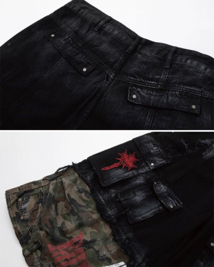 New Patchwork Camo Denim Cargo Shorts