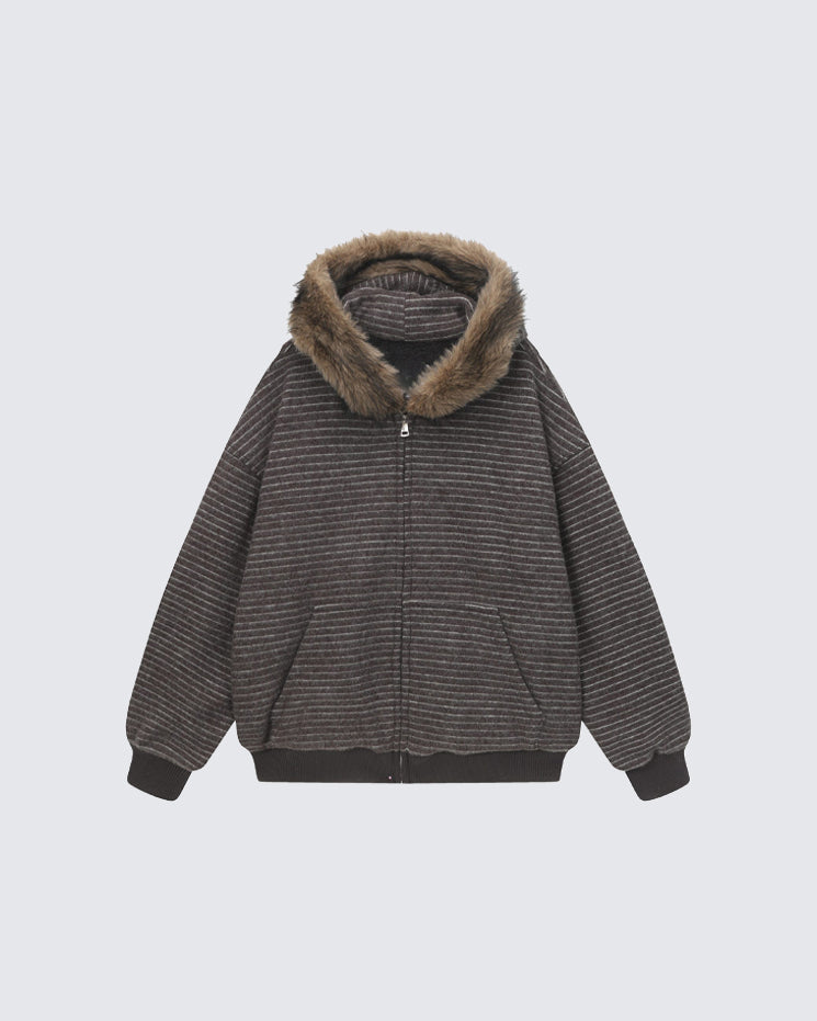 High-Street Striped Loose Hooded Sweatshirt