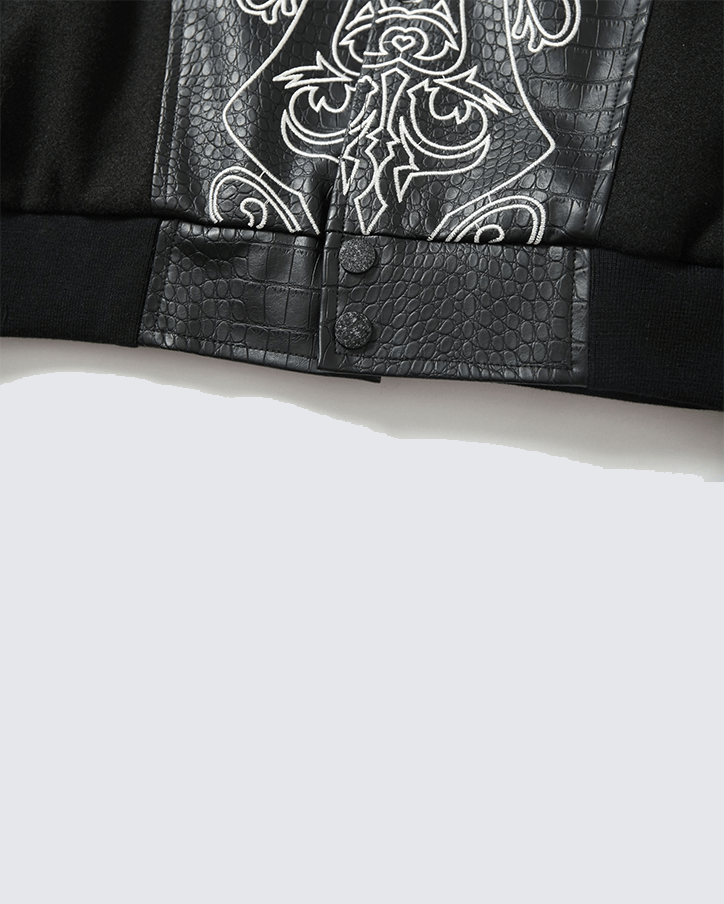 Gothic Cross Embroidered Faux Leather Varsity Jacket